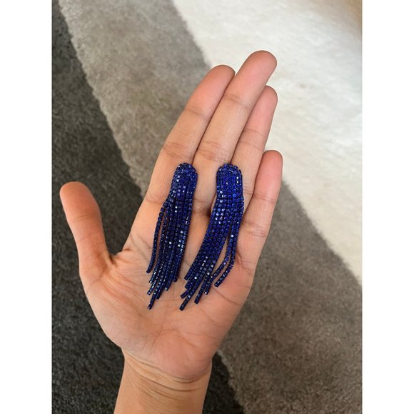 royal blue earrings long fringe crystal chandelier  blue pageant earrings - Picture 3 of 7